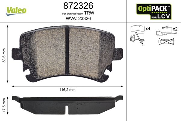 VALEO stabdžių trinkelių rinkinys, diskinis stabdys 872326