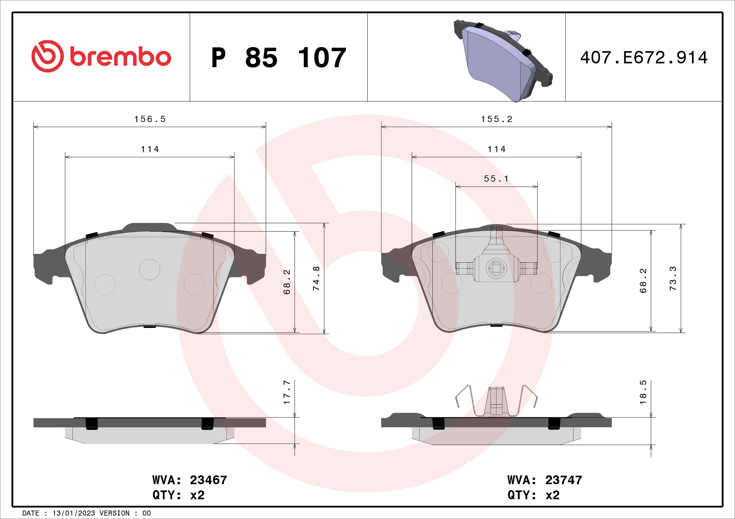 BREMBO stabdžių trinkelių rinkinys, diskinis stabdys P 85 107