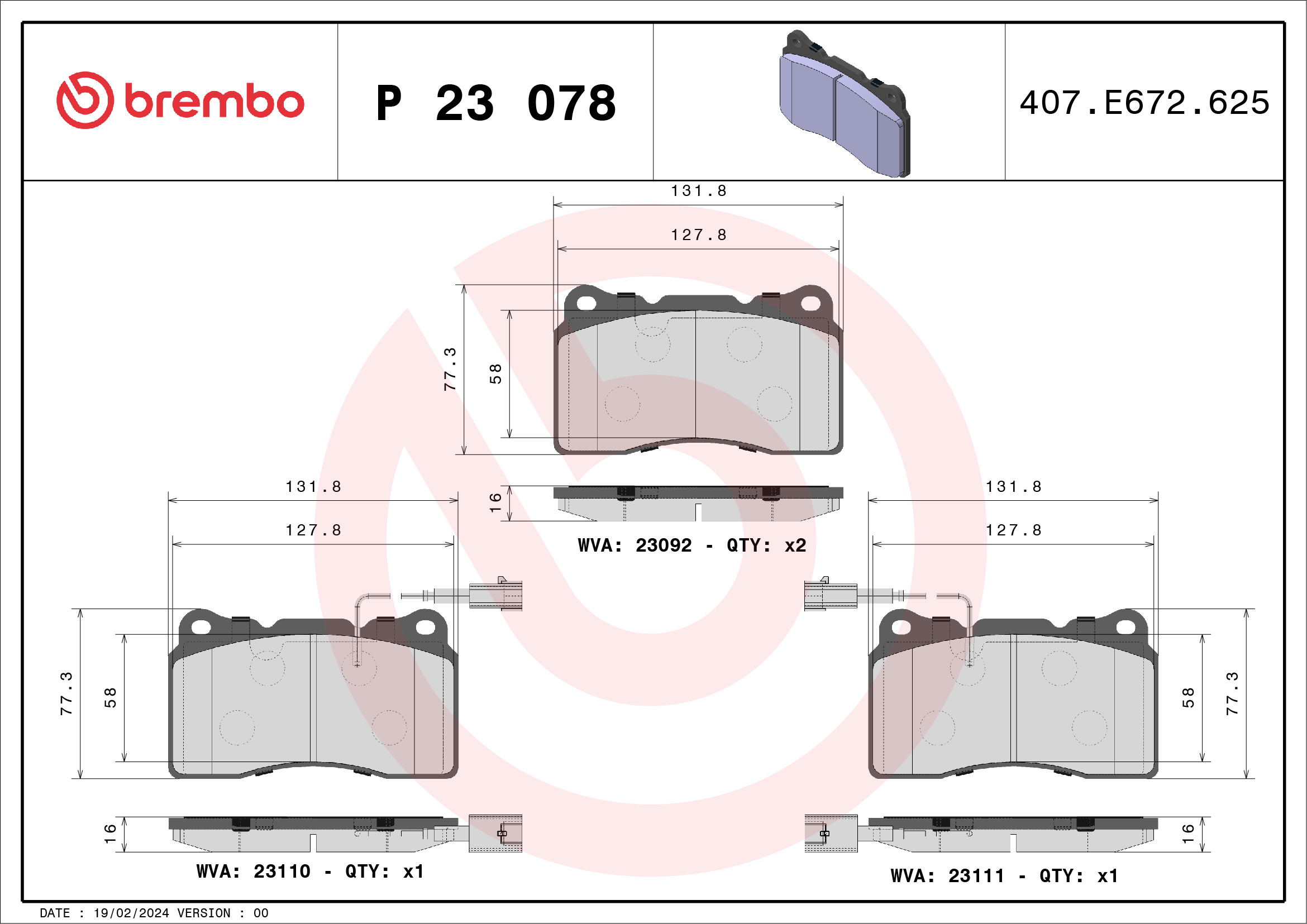 BREMBO Piduriklotside komplekt, ketaspidur P 23 078X