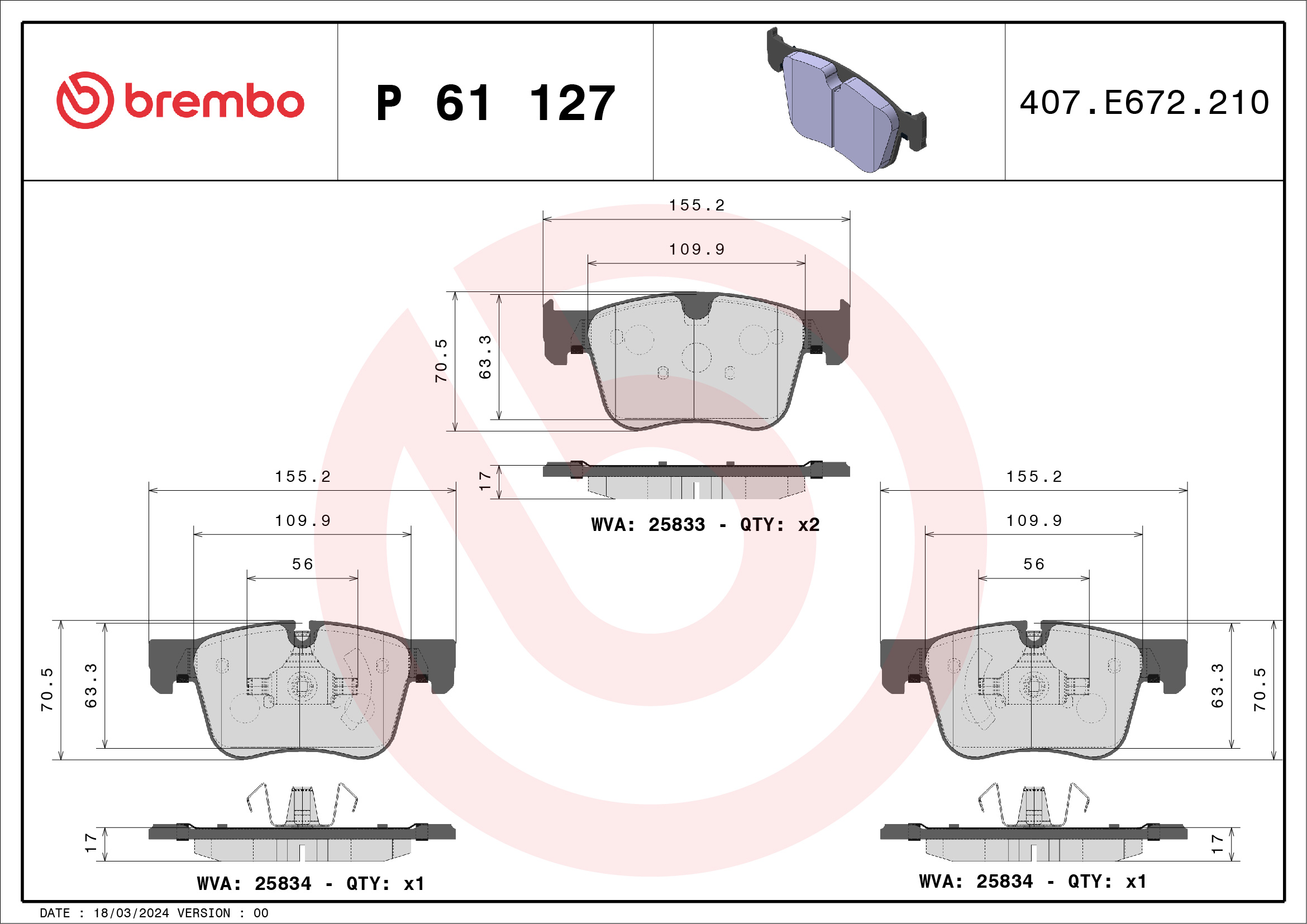BREMBO Piduriklotside komplekt, ketaspidur P 61 127X