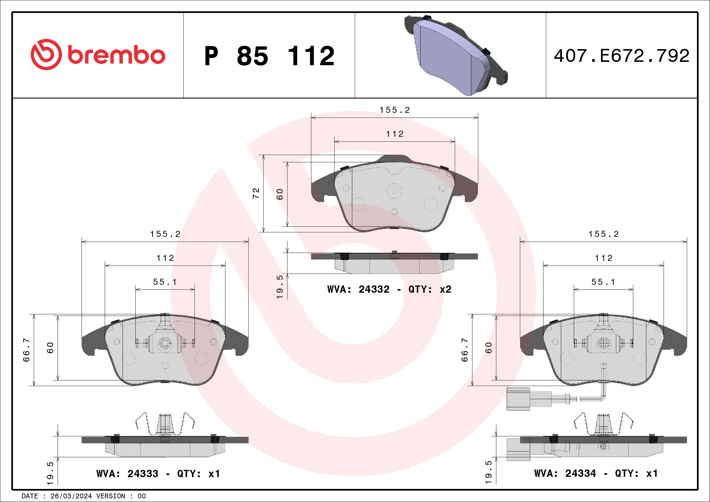 BREMBO stabdžių trinkelių rinkinys, diskinis stabdys P 85 112X