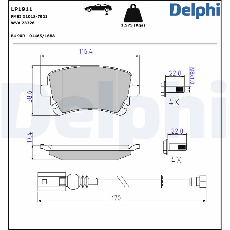 DELPHI stabdžių trinkelių rinkinys, diskinis stabdys LP1911
