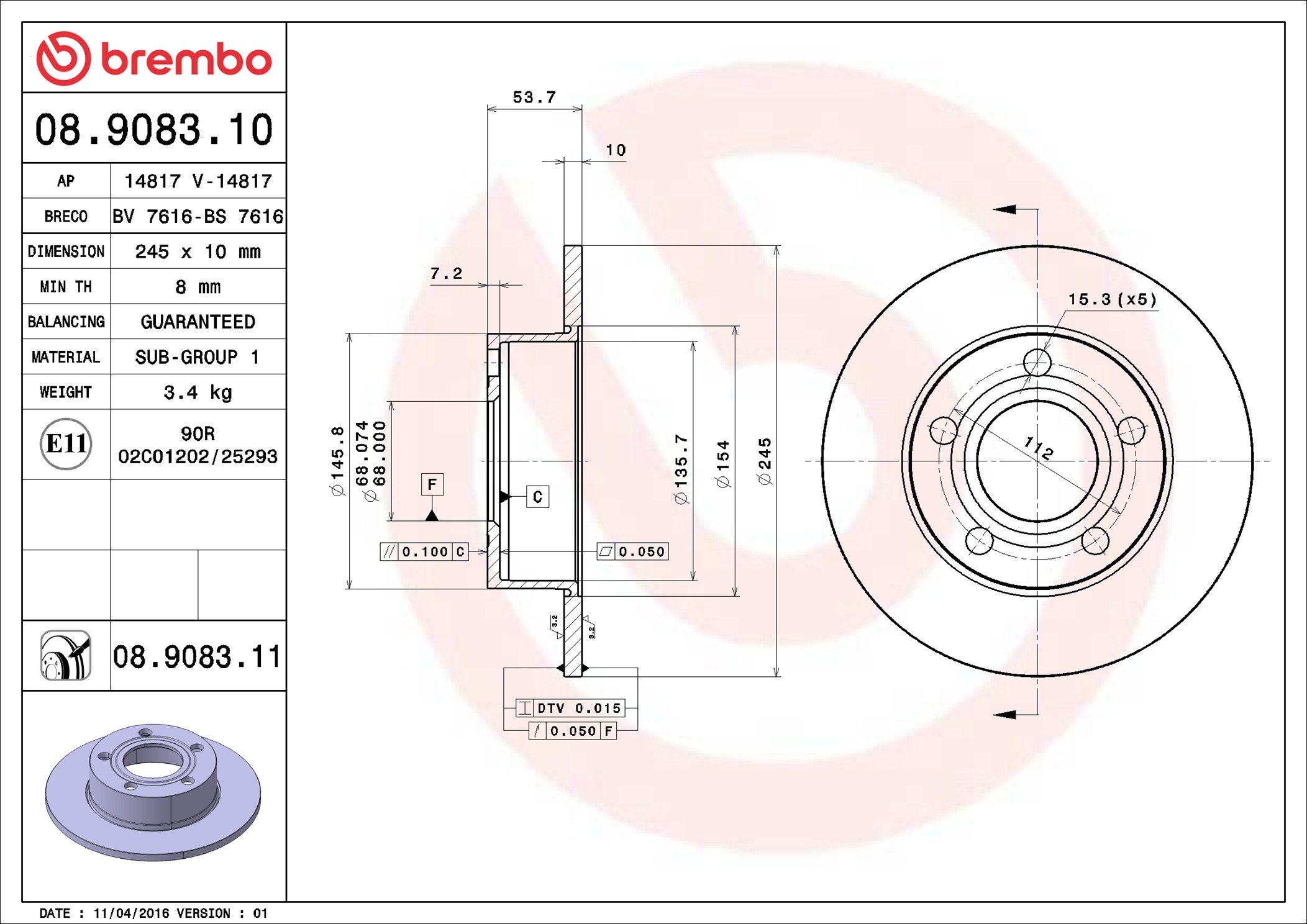 BREMBO Jarrulevy 08.9083.11