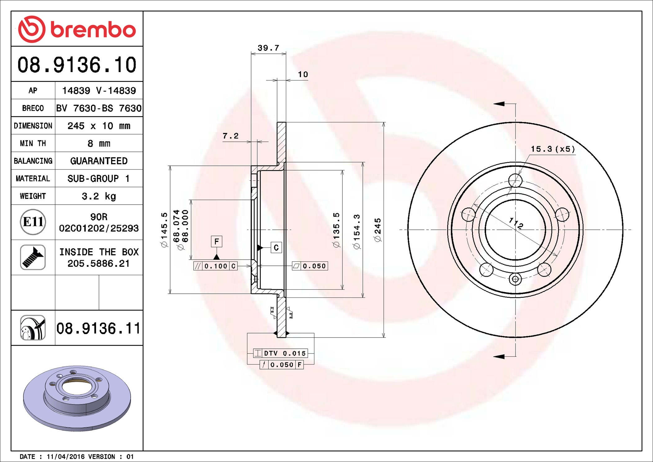 BREMBO Jarrulevy 08.9136.10