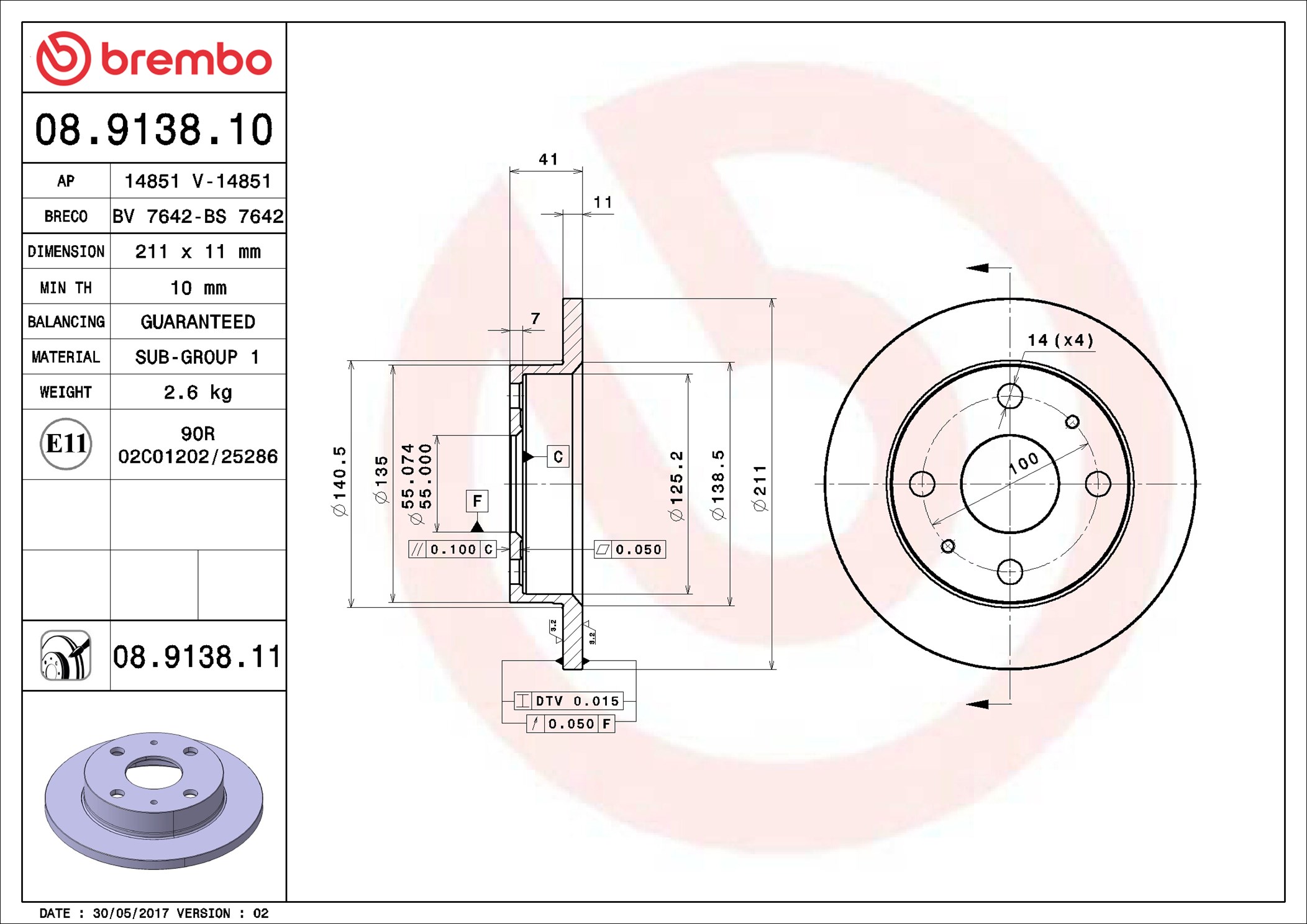 BREMBO Tarcza hamulcowa 08.9138.10