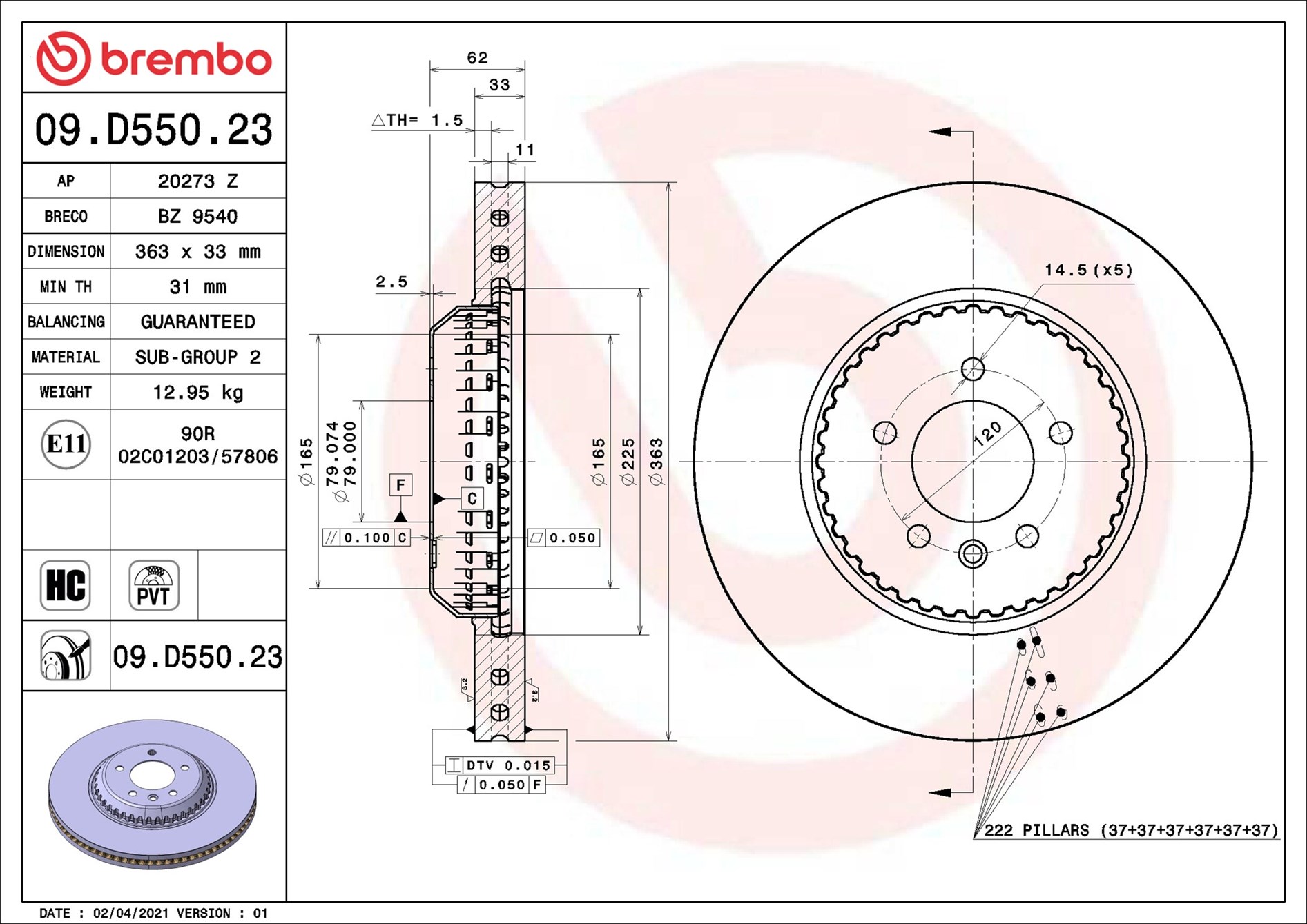 BREMBO Bromsskiva 09.D550.23