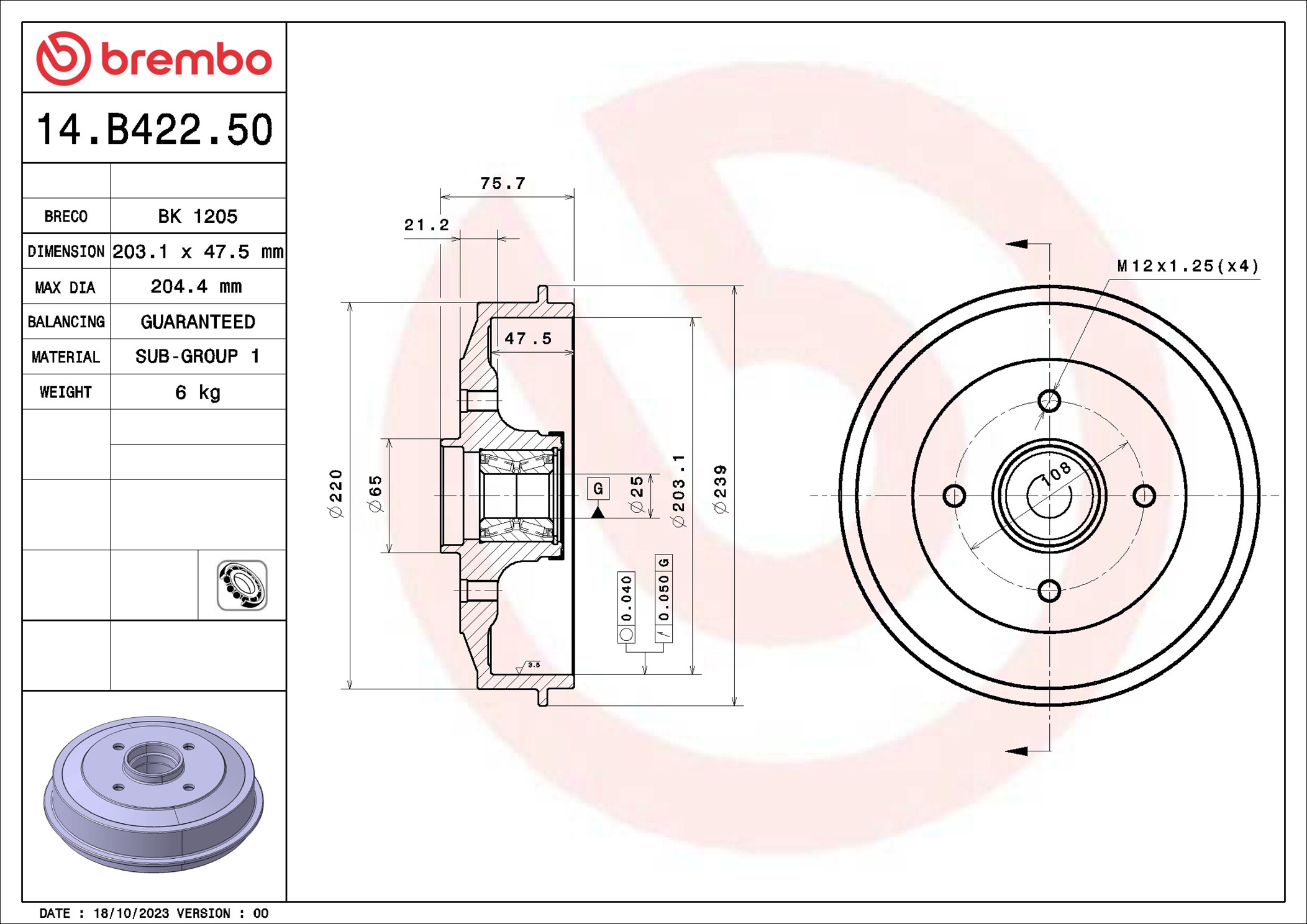 BREMBO Piduritrummel 14.B422.50
