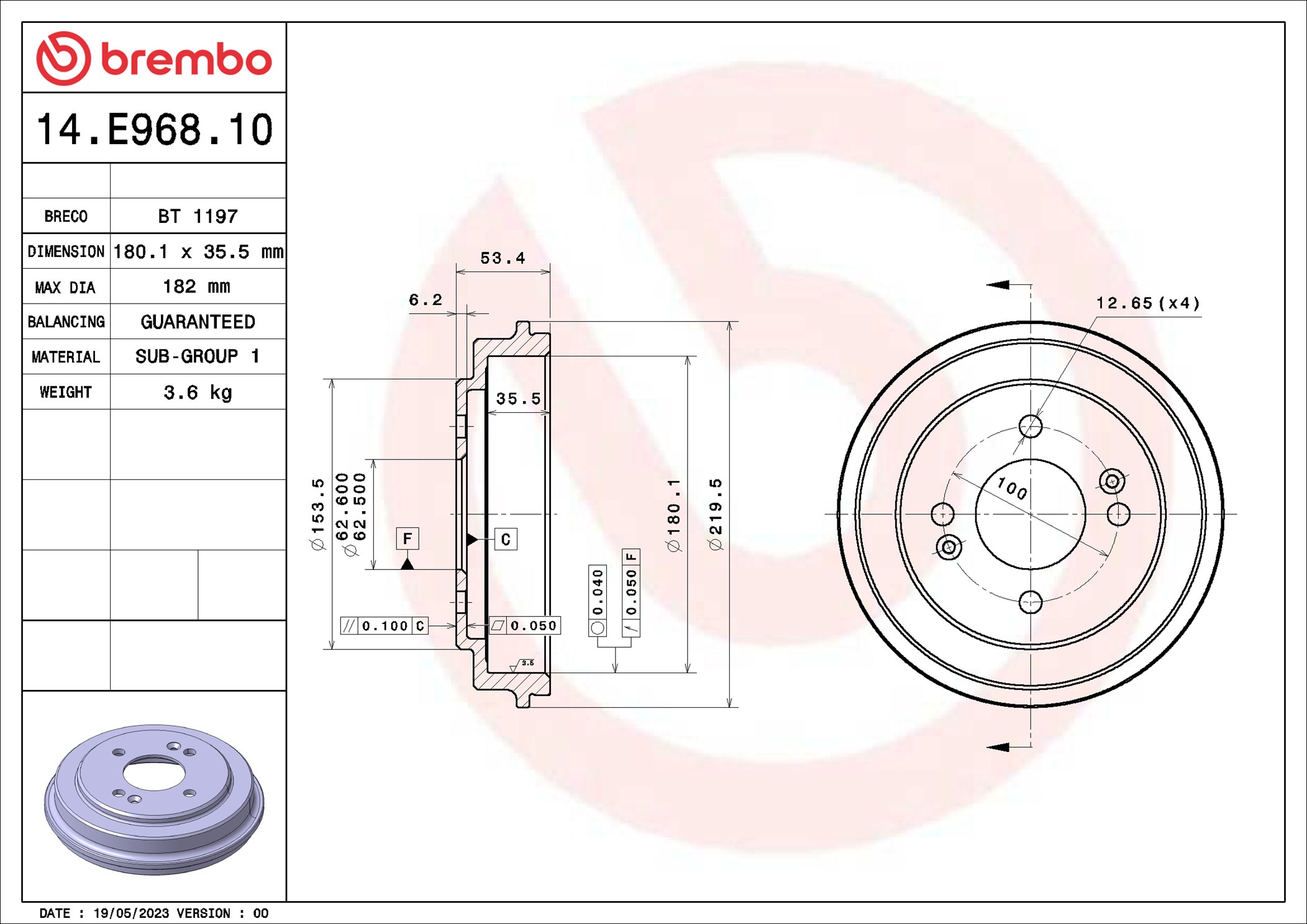 BREMBO Piduritrummel 14.E968.10