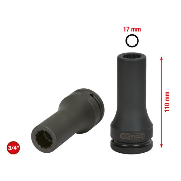 KS TOOLS 3/4" Pikk 12-kandiline (XZN) löökpadrun, 17mm 455.0010